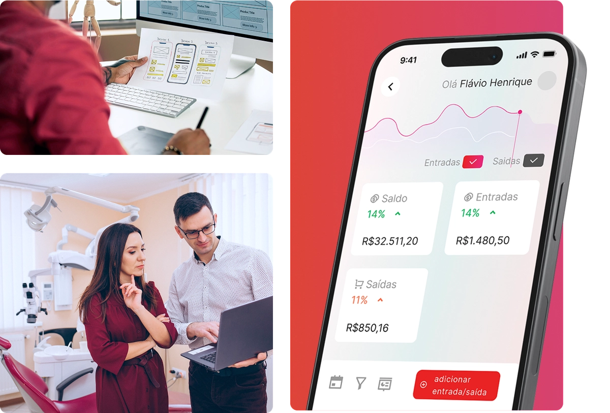 Dentistas utilizando software moderno de gestão odontológica